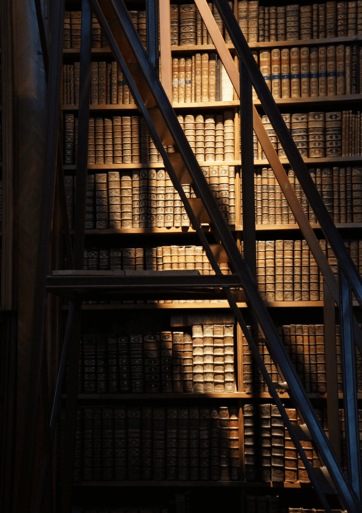 Photo des rangées d'une bibliothèque ancienne avec de vieux livres et une échelle devant en bois